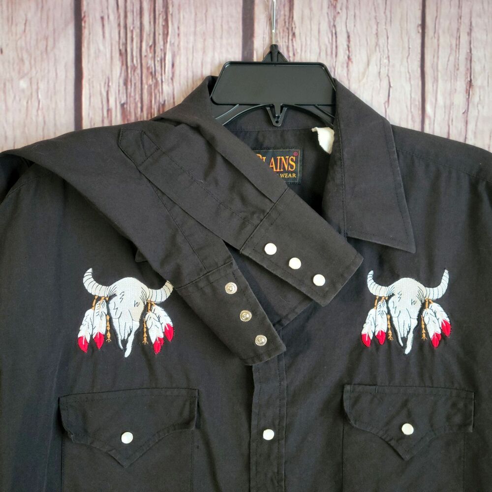 VTG Pearl Snap 90s Plains Western Shirt Cow Skull Feathers Embroidery XL Black